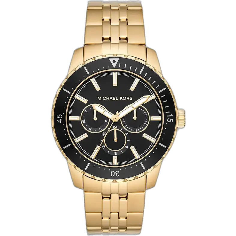 Michael Kors MK7154 Watch Cunningham men's, gold-tone stainless steel bracelet, black dial, 44mm.