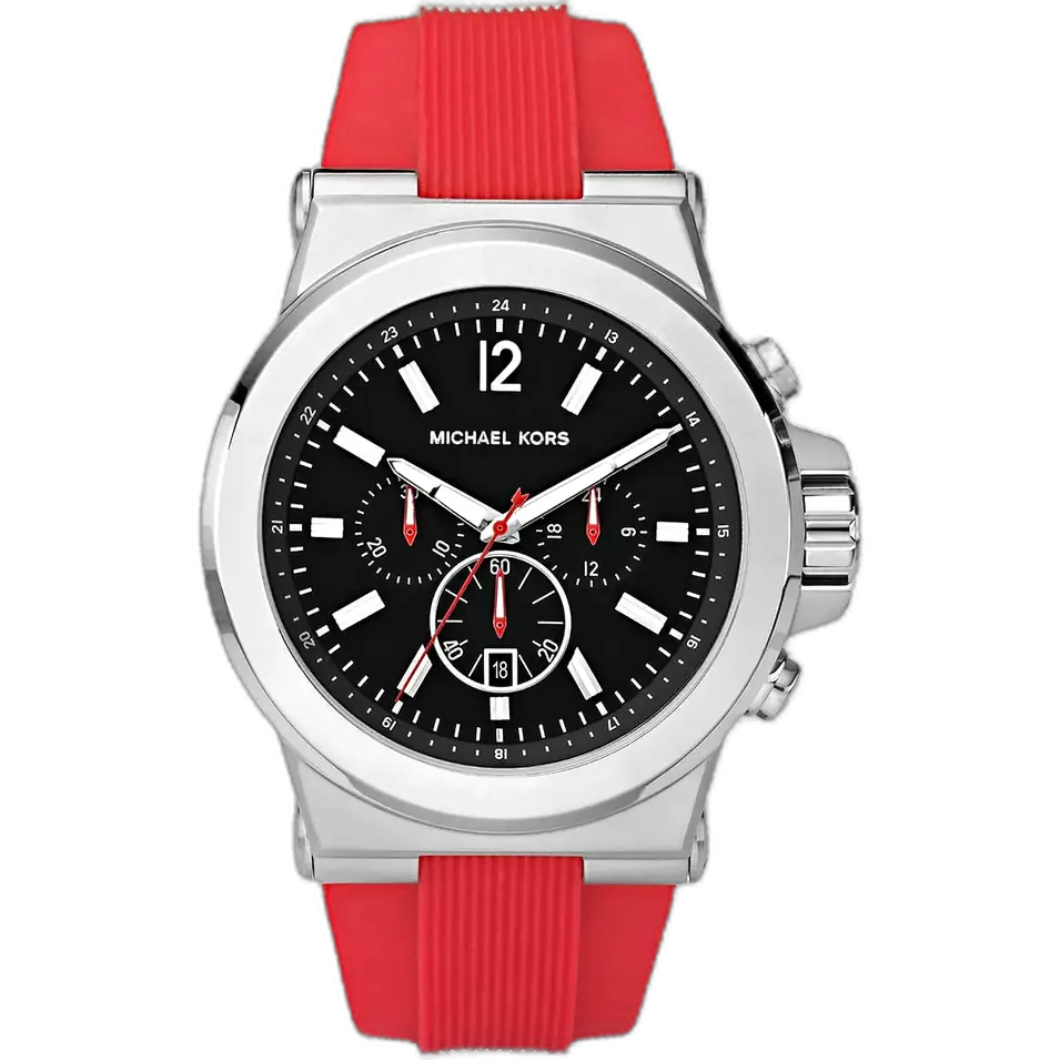 Michael Kors MK8169 Watch Dylan men's chronograph, black-tone case, vibrant red silicone strap, 45mm.