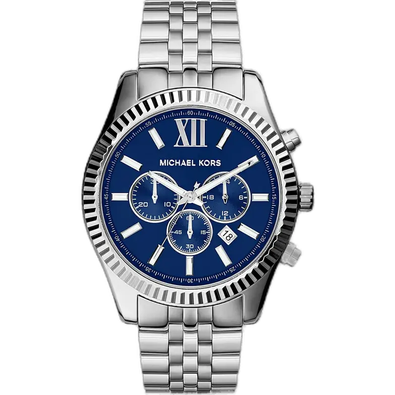 Michael Kors MK8280 Watch Lexington men's chronograph, silver-tone stainless steel bracelet, blue dial, 45mm.
