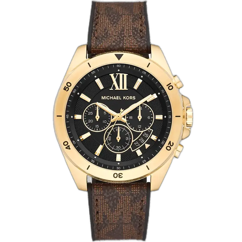 Michael Kors MK8849 Watch Brecken men's chronograph, black case, brown PU/Leather strap, 45mm.