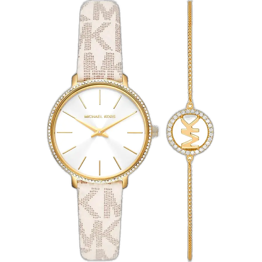 Michael Kors MK1037 Watch Pyper ladies, silver-tone case, white silicone strap, crystal indices, 38mm.