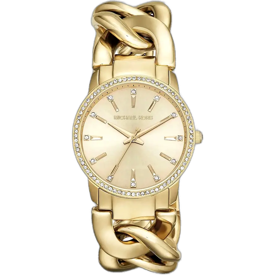 ساعة مايكل كورس MK3235 نيني حريمي، سوار وعلبة ذهبية بالكامل، إطار كريستال، حجم مصغر.