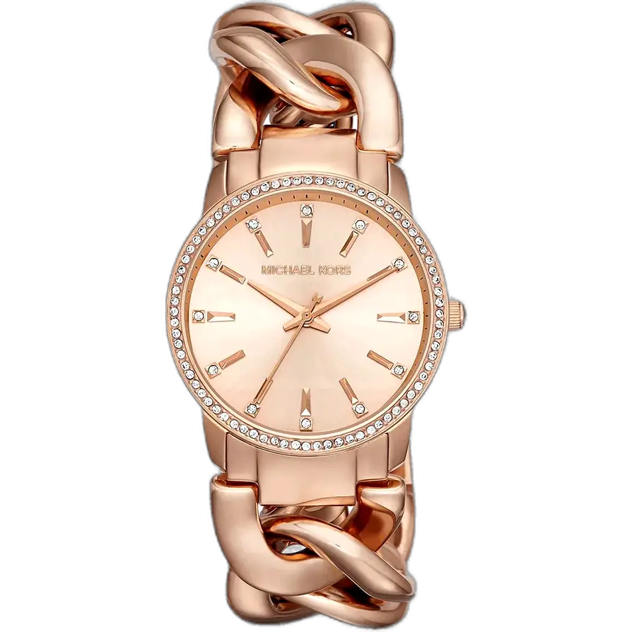 ساعة مايكل كورس MK3236 نيني حريمي، سوار وعلبة نحاسية بالكامل، إطار كريستال، حجم مصغر.