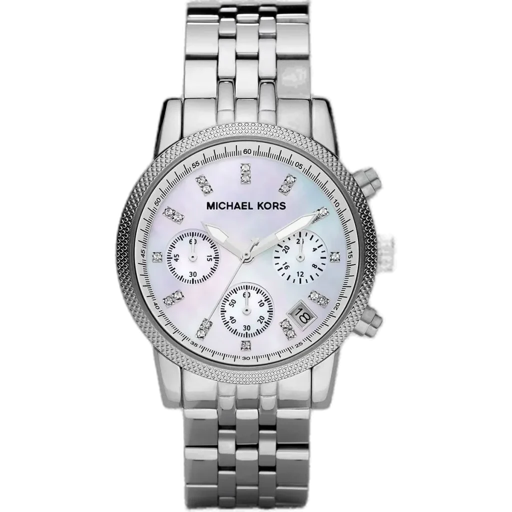 ساعة مايكل كورس MK5020 ريتز حريمي، سوار وعلبة فضية بالكامل، كرونوغراف مرصع، 37 ملم.