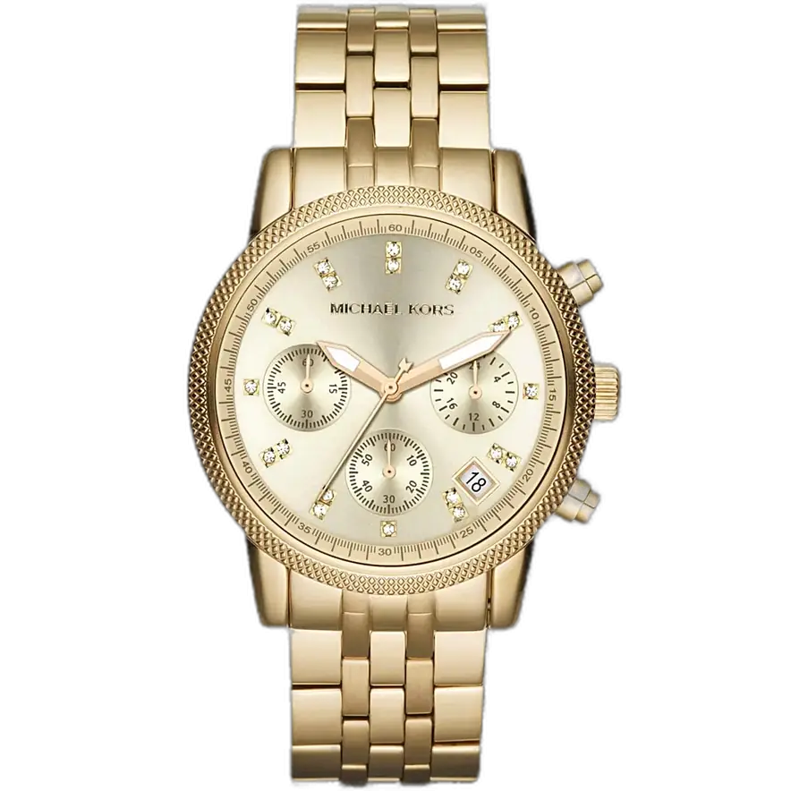 ساعة مايكل كورس MK5676 ريتز حريمي، سوار وعلبة ذهبية بالكامل، كرونوغراف مرصع، 37 ملم.