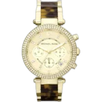 Michael Kors MK5688 Parker women's watch, gold-tone case and bracelet with tortoiseshell acetate links, crystal bezel, chronograph dial.