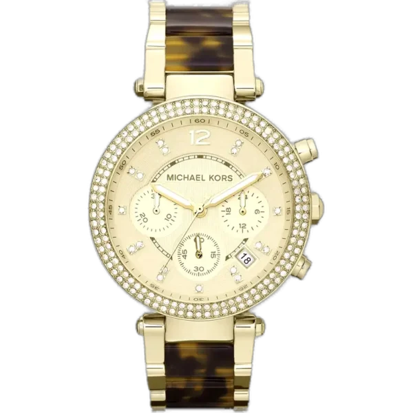 Michael Kors MK5688 Parker women's watch, gold-tone case and bracelet with tortoiseshell acetate links, crystal bezel, chronograph dial.