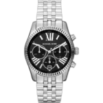 Michael Kors MK5708 Lexington women's watch, silver-tone stainless steel bracelet, deep black dial, Roman numerals, 40mm.