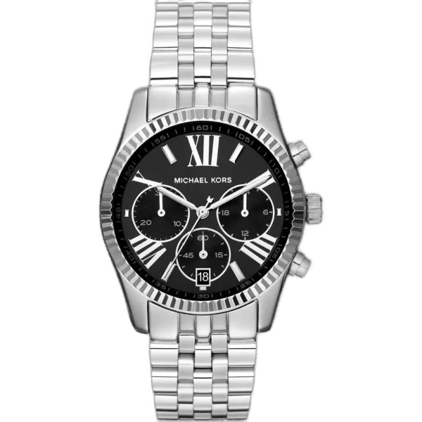 Michael Kors MK5708 Lexington women's watch, silver-tone stainless steel bracelet, deep black dial, Roman numerals, 40mm.