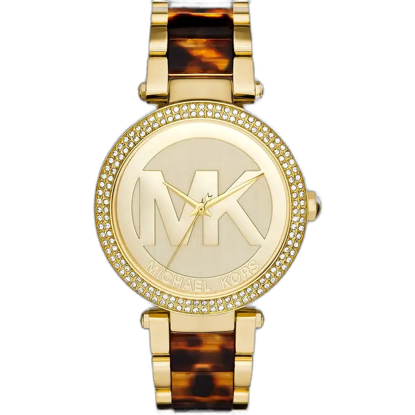 Michael Kors MK6109 Parker women's watch, gold-tone case, brown tortoiseshell multi-material bracelet, chronograph, 39mm.