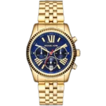 Michael Kors MK6206 Lexington women's watch, all-gold-tone stainless steel, deep blue chronograph dial, Roman numerals, 40mm.