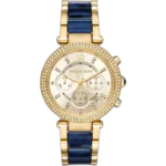 Michael Kors MK6238 Parker women's watch, gold-tone case, gold and blue multi-material bracelet, chronograph, 39mm.