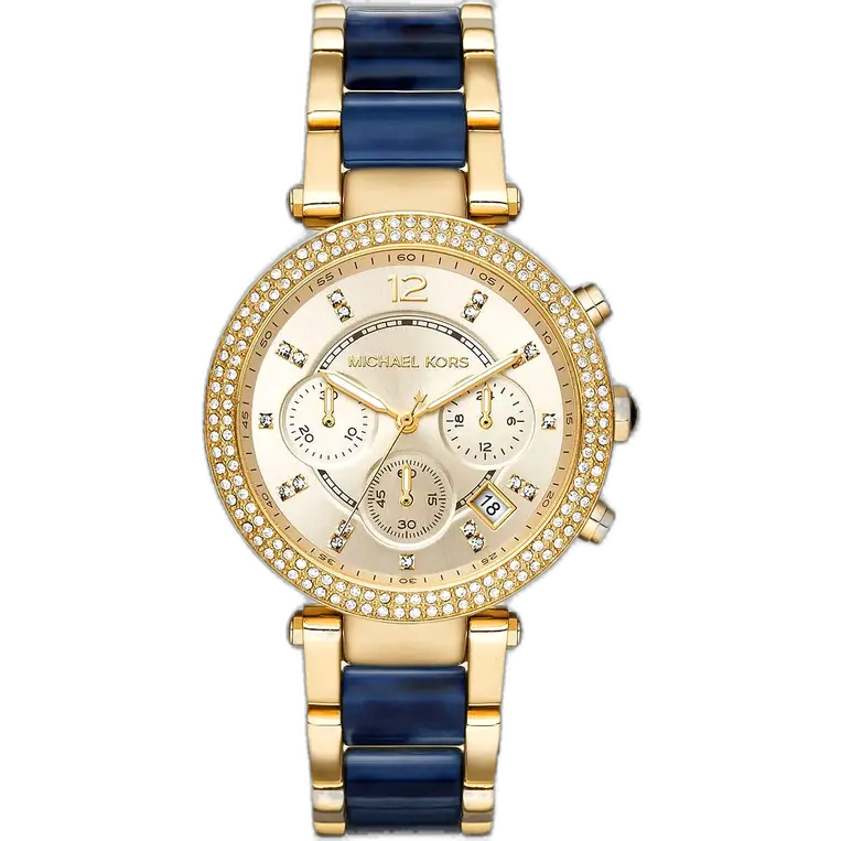 Michael Kors MK6238 Parker women's watch, gold-tone case, gold and blue multi-material bracelet, chronograph, 39mm.