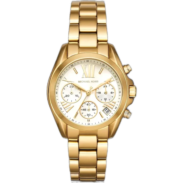 Michael Kors MK6267 Bradshaw women's watch, all-gold-tone stainless steel, crisp white chronograph dial, Roman numerals, 43mm.