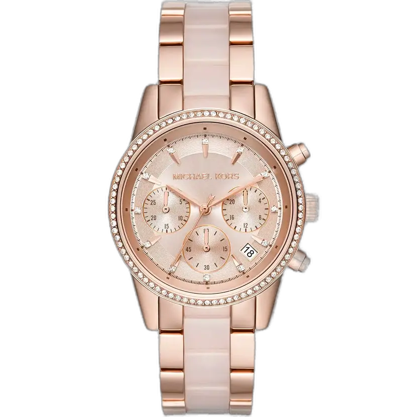 Michael Kors MK6307 Ritz women's watch, rose gold-tone case, matching rose gold and pink multi-material bracelet, chronograph, 37mm.
