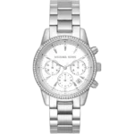 Michael Kors MK6428 Ritz women's watch, all-silver-tone stainless steel, white dial, chronograph, 37mm.
