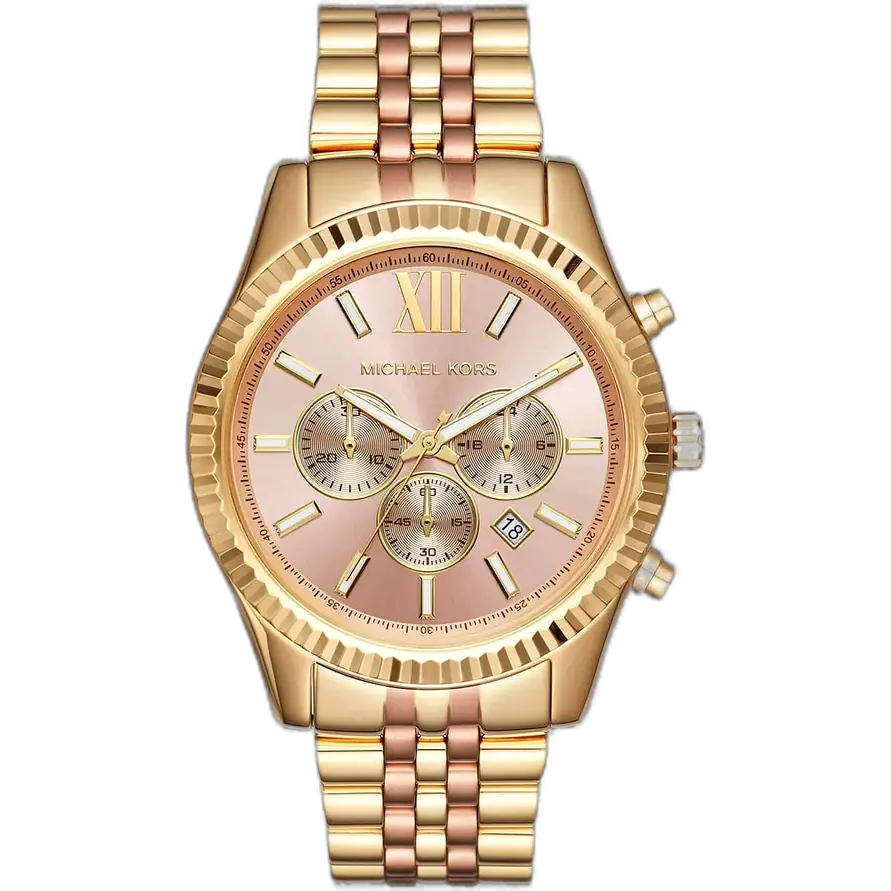 ساعة مايكل كورس MK6473 ليكسنجتون حريمي، سوار ستانلس ستيل ثنائي اللون (ذهبي ونحاسي)، ميناء ذهبي كرونوغراف، أرقام رومانية، 40 ملم.