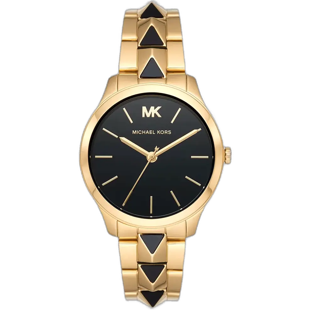 ساعة مايكل كورس MK6669 رانواي حريمي، سوار ثنائي اللون أسود وذهبي، وصلات مزينة بأشكال هرمية، 40 ملم.