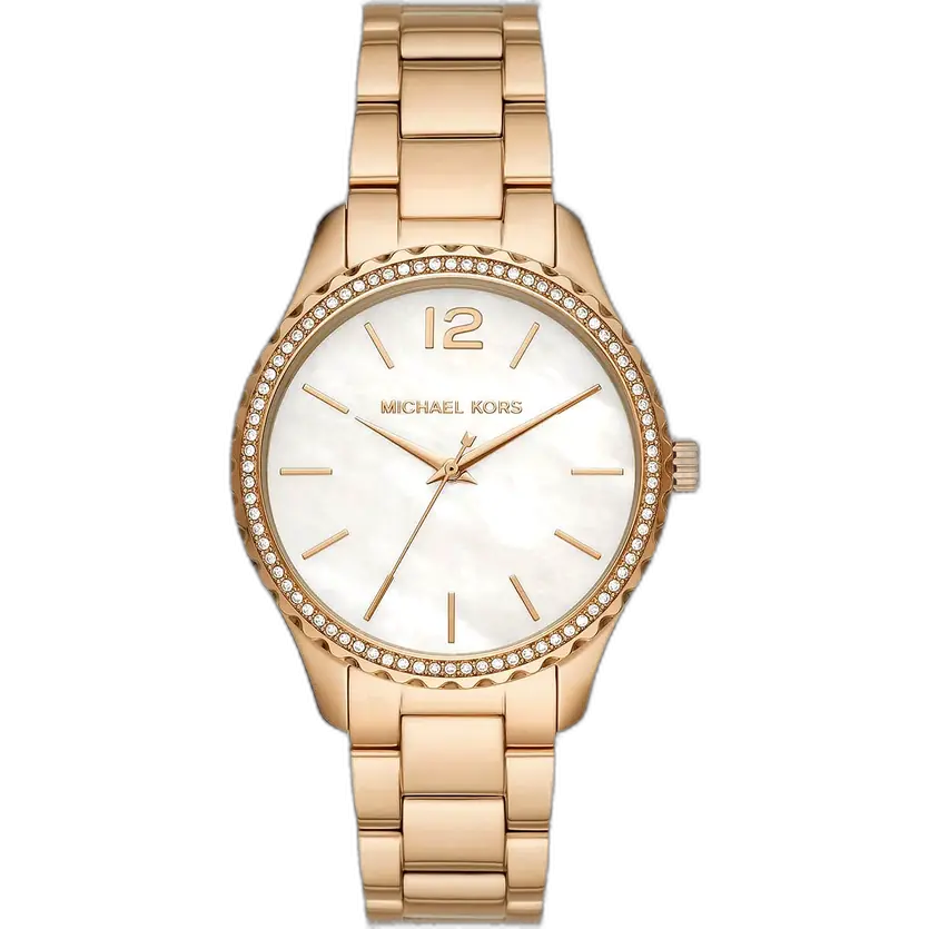 Michael Kors MK6870 Layton women's watch, all-gold-tone stainless steel bracelet, unique mother-of-pearl marble dial, 38mm.