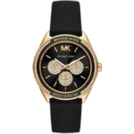 Michael Kors MK6944 Jessa women's watch, all-black stainless steel case, black silicone strap, crystal accents, 38mm.
