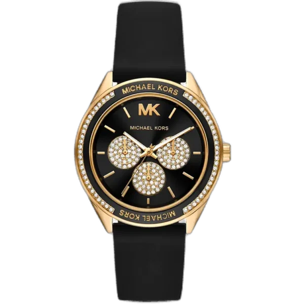 Michael Kors MK6944 Jessa women's watch, all-black stainless steel case, black silicone strap, crystal accents, 38mm.