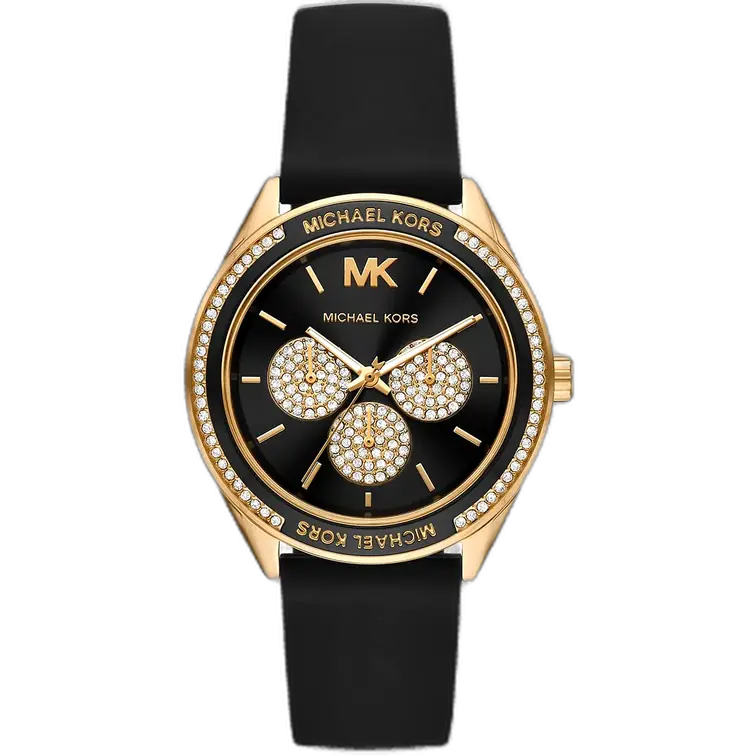 ساعة مايكل كورس MK6944 جيسا حريمي، علبة سوداء، سوار سيليكون أسود، ترصيع كريستال، 38 ملم.