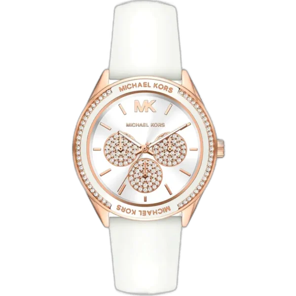 Michael Kors MK6945 Jessa women's watch, all-white stainless steel case, white silicone strap, crystal accents, 38mm.
