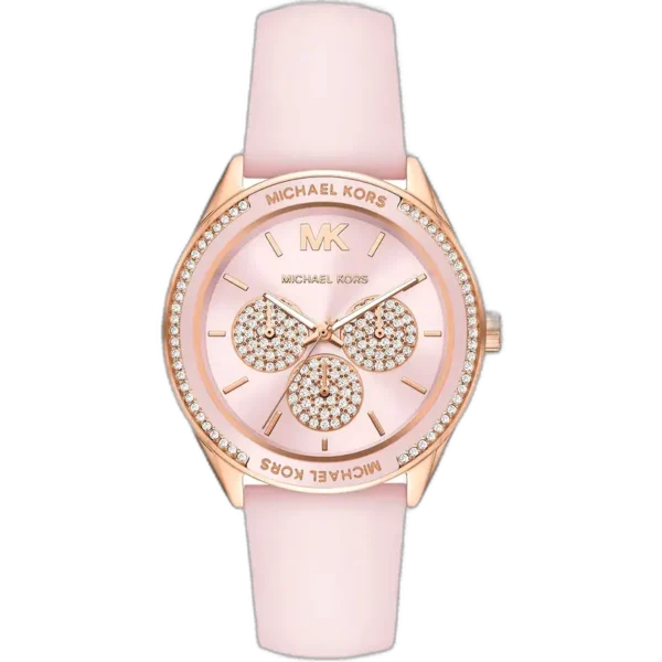 Michael Kors MK6946 Jessa women's watch, all-pink stainless steel case, pink leather strap, crystal accents, 38mm.