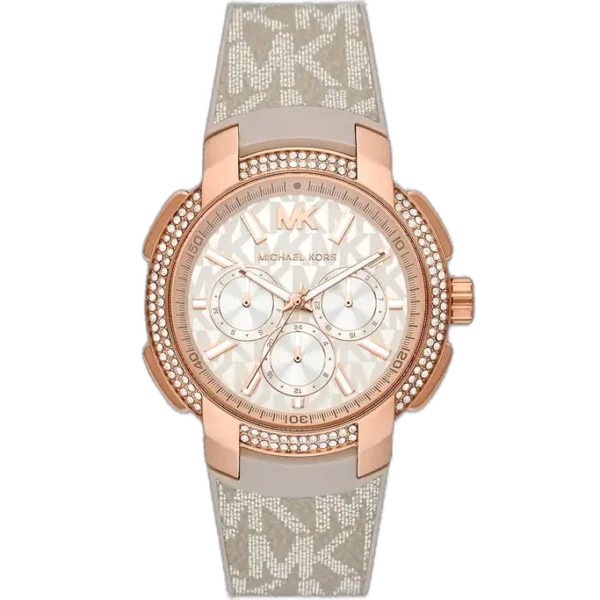 Michael Kors MK6949 Sidney women's watch, rose gold-tone case, beige/grey signature MK silicone strap, crystal bezel chronograph, 40mm.