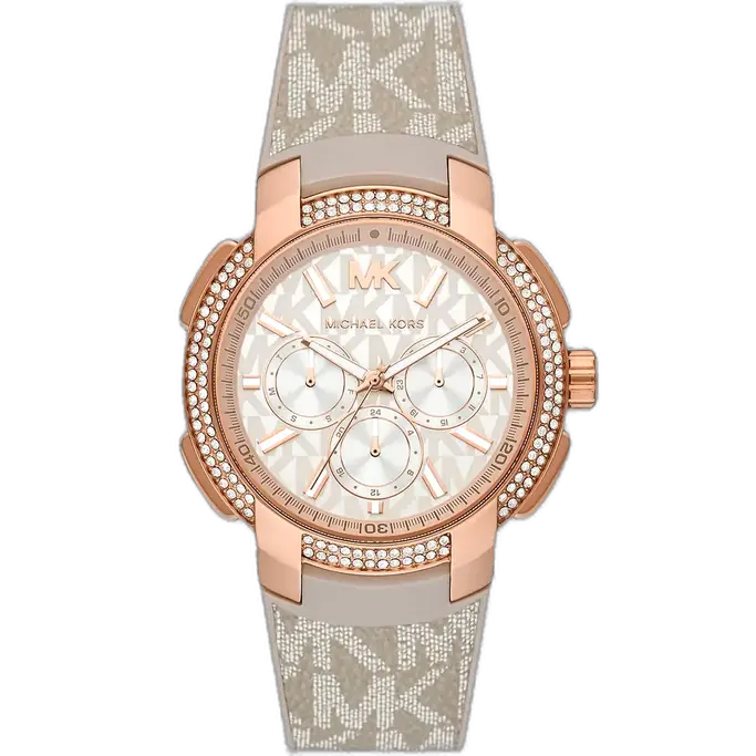 Michael Kors MK6949 Sidney women's watch, rose gold-tone case, beige/grey signature MK silicone strap, crystal bezel chronograph, 40mm.