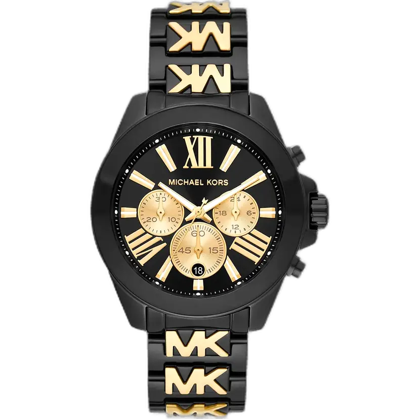 ساعة مايكل كورس MK6978 رن حريمي، سوار ثنائي اللون أسود وذهبي، ميناء أسود عميق، 42 ملم.