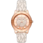 Michael Kors MK6980 Runway women's watch, rose gold-tone stainless steel case, white silicone strap, crystal accents, 40mm.