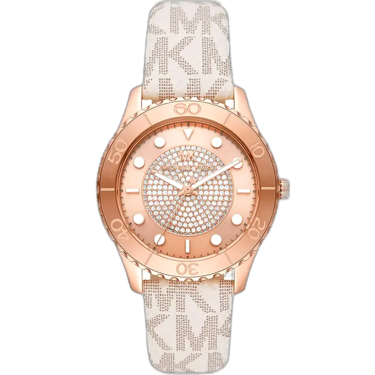 Michael Kors MK6980 Runway women's watch, rose gold-tone stainless steel case, white silicone strap, crystal accents, 40mm.