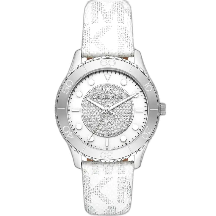 Michael Kors MK6998 Runway women's watch, all-white stainless steel case, white silicone strap, 40mm.