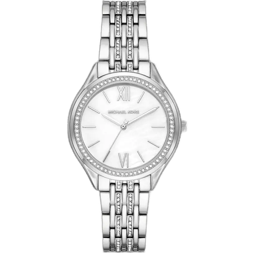 Michael Kors MK7075 Mindy women's watch, all-silver-tone stainless steel, crystal-set bezel, white dial, 38mm.