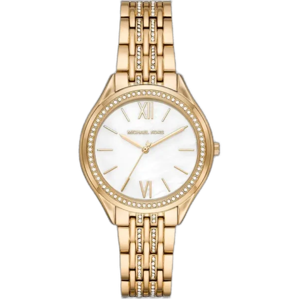 Michael Kors MK7078 Mindy women's watch, all-gold-tone stainless steel, crystal-set bezel, white dial, 38mm.