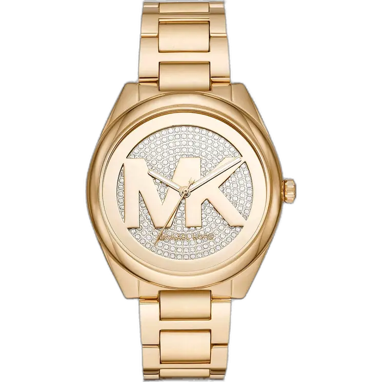 Michael Kors MK7088 Janelle women's watch, all-gold-tone stainless steel, MK logo on dial, 38mm.