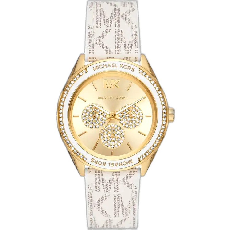 Michael Kors MK7204 Jessa women's watch, gold-tone stainless steel case, white silicone strap, 38mm.
