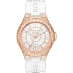 Michael Kors MK7248 Camille women's watch, all-white stainless steel case, white silicone strap, crystal accents, 38mm.