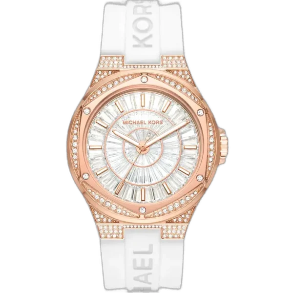 Michael Kors MK7248 Camille women's watch, all-white stainless steel case, white silicone strap, crystal accents, 38mm.