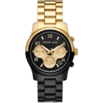 Michael Kors MK7328 Runway women's watch, two-tone black and gold stainless steel bracelet, deep black dial, 40mm.