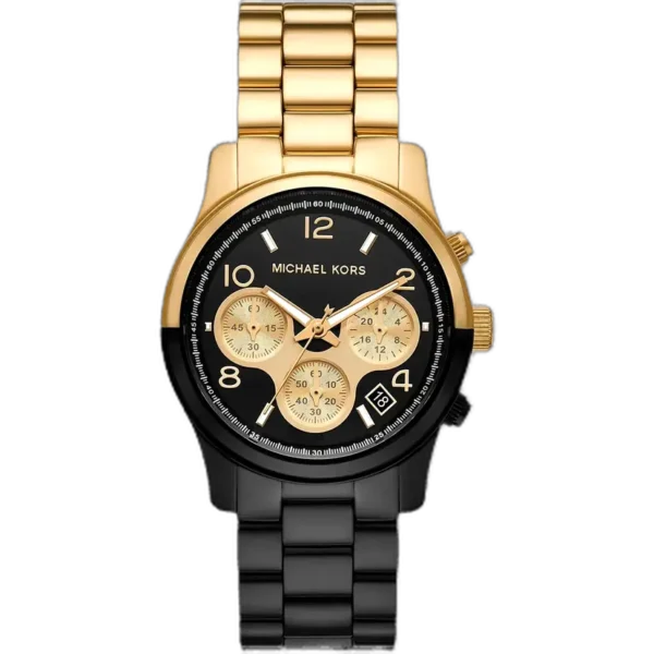 Michael Kors MK7328 Runway women's watch, two-tone black and gold stainless steel bracelet, deep black dial, 40mm.