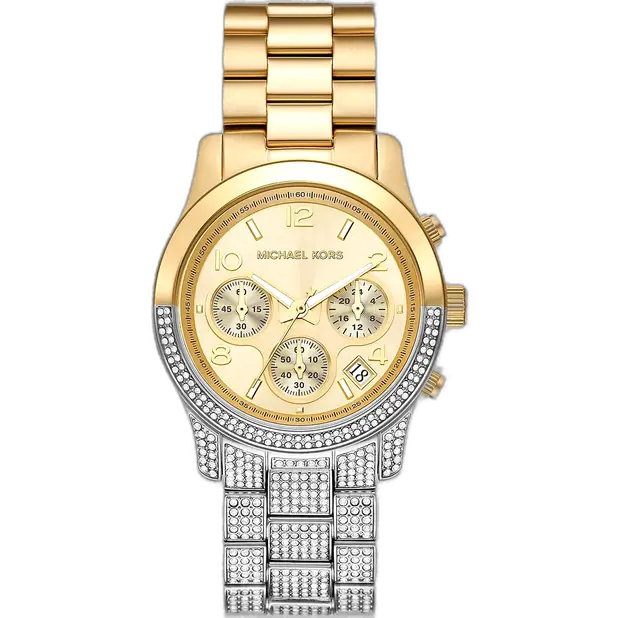 ساعة مايكل كورس MK7329 رانواي حريمي، سوار ثنائي اللون ذهبي وفضي، إطار مرصع بالكريستال، 40 ملم.