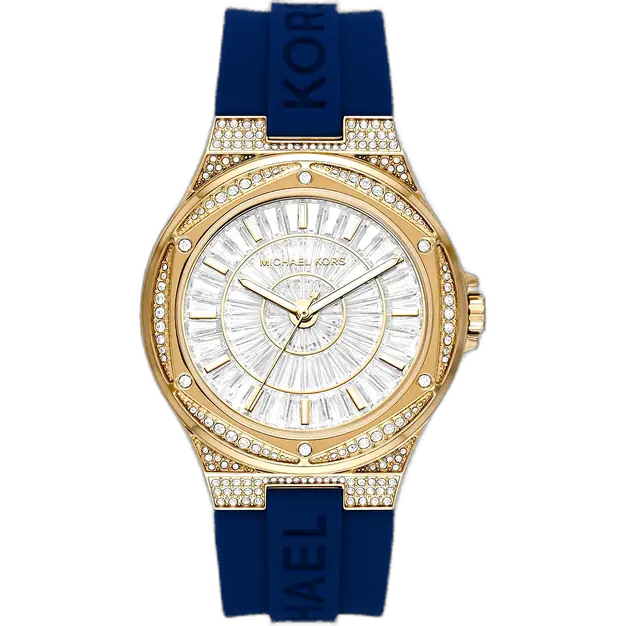 Michael Kors MK7333 Camille women's watch, white dial, silver-tone case, blue silicone strap, crystal bezel, 38mm.