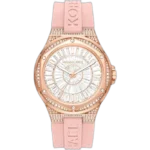 Michael Kors MK7334 Camille women's watch, white dial, silver-tone case, pink silicone strap, 38mm.