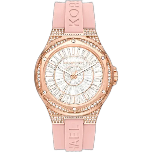 Michael Kors MK7334 Camille women's watch, white dial, silver-tone case, pink silicone strap, 38mm.