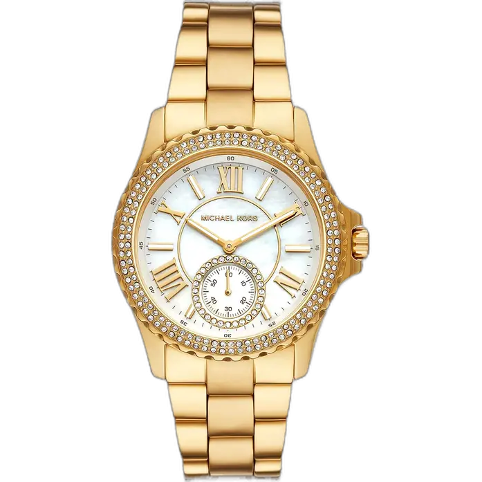 ساعة مايكل كورس MK7401 إيفرست حريمي، سوار وعلبة ذهبية بالكامل، ميناء رخامي لؤلؤي، إطار مرصع بالكريستال، 40 ملم.