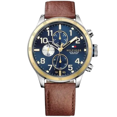 ساعة تومي هيلفيغر ترينت 1791137 رجالي، علبة ستانلس ستيل، ميناء أزرق متعدد الوظائف، سوار جلد طبيعي بني، 44 ملم.