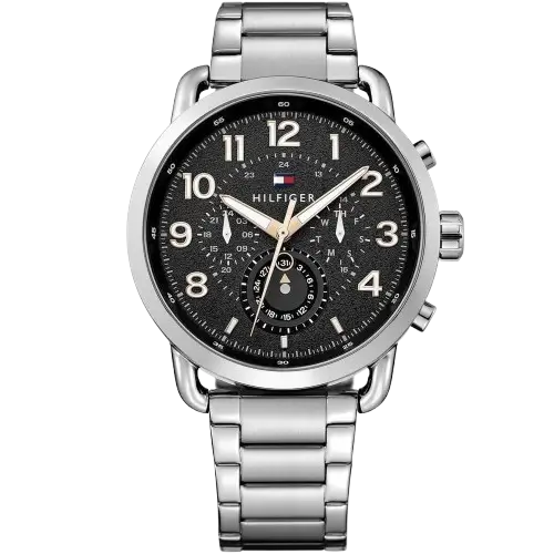 ساعة تومي هيلفيغر بريجز 1791422 رجالي، علبة ستانلس ستيل فضي، ميناء أسود متعدد الوظائف، سوار ستانلس ستيل فضي، 44 ملم.