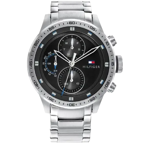 ساعة تومي هيلفيغر ترينت 1791805 رجالي، علبة ستانلس ستيل فضي، ميناء أسود متعدد الوظائف، سوار ستانلس ستيل فضي، 44 ملم.
